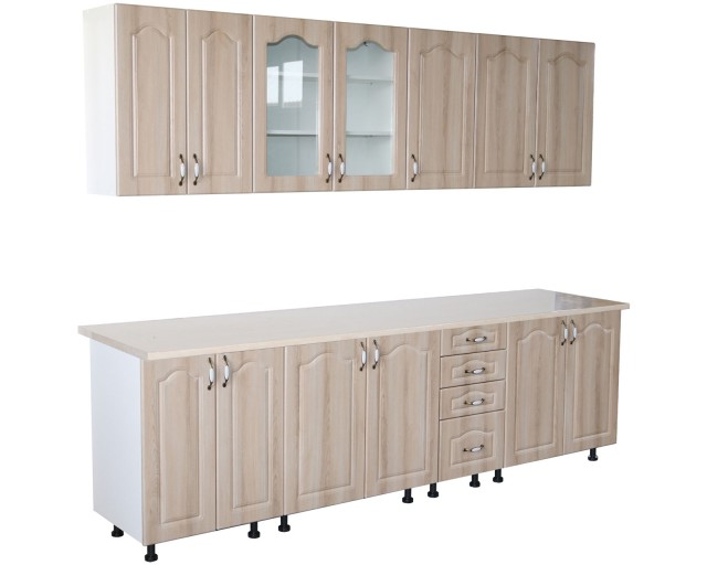 Bucatarie Zebra 260 cm din MDF Sonoma Mustata cu blat termoizolant alb/gri